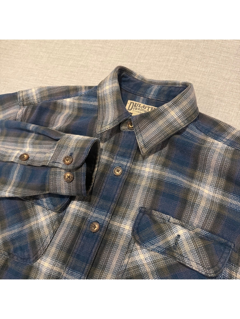 Duluth Trading blue plaid button-up shirt